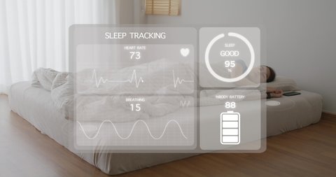 Asia woman sleep on bed sensor checking sleep cycle, graph ECG data, pulse rate, brain wave chart or body blood control from IOT bed smart detect STEM life at home. Deep nap scan relax rest in AR app.