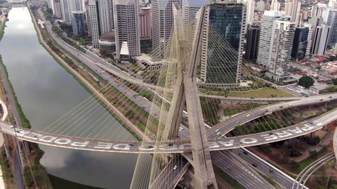 Aerial view of the iconic Octavio Frias de Oliveira bridge aka Ponte Estaiada in Sao Paulo, Brazil. Sao Paulo is the business and financial centre of Brazil and one of the largest cities in the world.