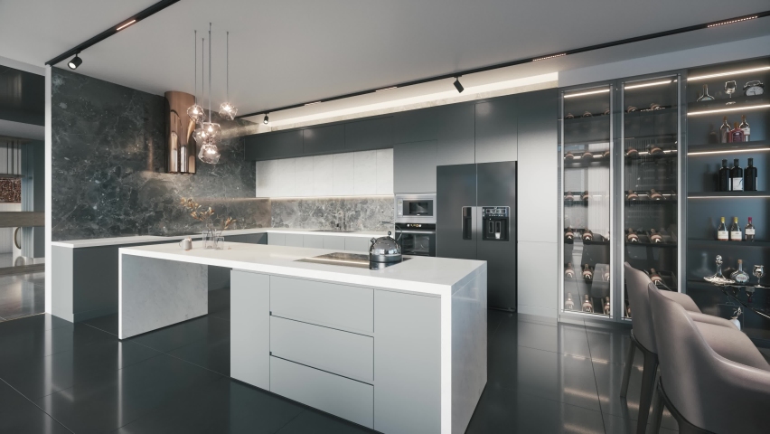 Luxury kitchen with an island. Modern interior in luxury house. Interior of a modern kitchen. 3d illustration