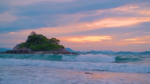 4k footage ,rock island and sea wave , sunset sky at Laem Hua Kruat ,koh tan beach, , koh samui island ,suratthani, thailand