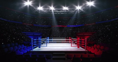 Empty boxing ring ready for fight. Animation of sport arena with fans and spotlights light up. Indoor sport 4k video background. 3D Rendering. 