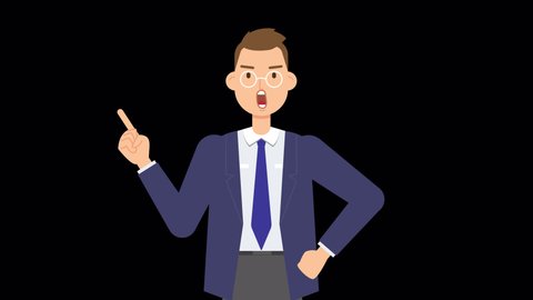 angry boss or office worker animation with Luma matte  ALPHA channel. cartoon 2d flat style man character. mouth animation, lip-syncing, screaming. business man in suit bad boss, anger emotion, facial expression