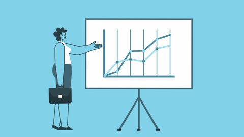 Cartoon Woman with Briefcase Talking Near Graph Board. Flat Design 2d Character Isolated Loop Animation with Alpha Matte