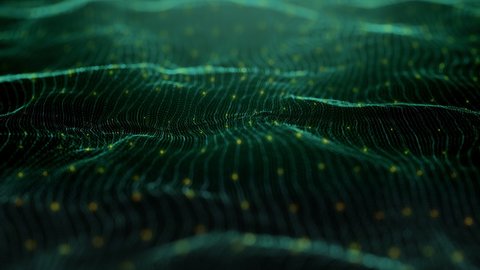 Digital Macro Waves Data. 4k seamless science-fiction green background. Glow particles form surfaces as the futuristic landscapes in digital space or hologram-like elements of information graphics