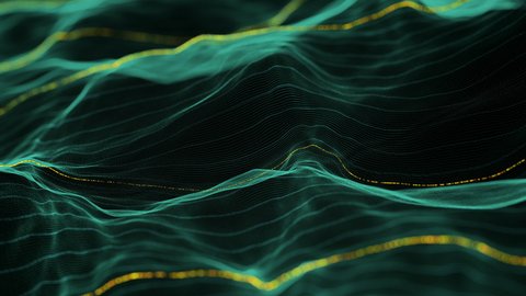 Digital Macro Waves Data Trade. 4k seamless science-fiction green background. Glow particles from surfaces as the futuristic landscapes in digital space or hologram-like ci-fi screen HUD.