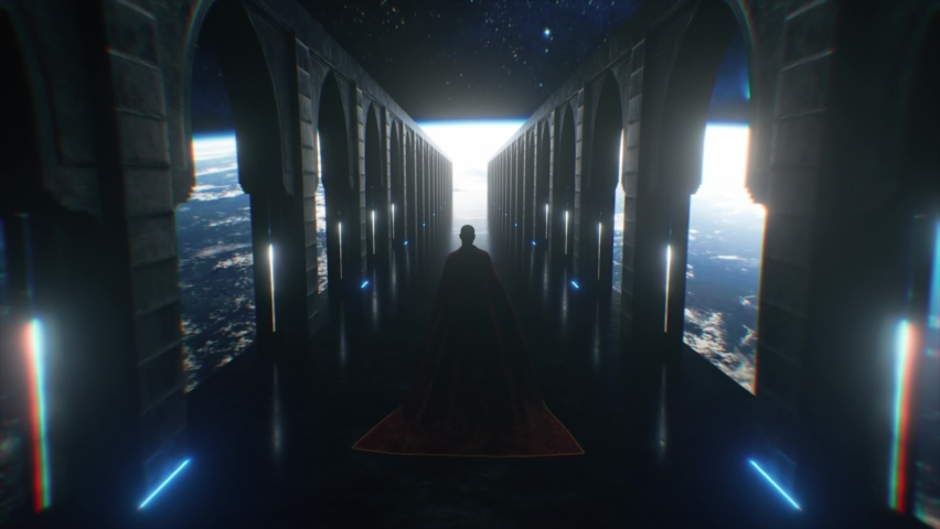 A man dressed in cloth walking down a space sci fi corridor with neon lighting. Let the planet earth. Fantastic concept of the future. The concept of human cognition of space. 3d animation