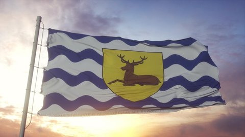 Hertfordshire flag, England, waving in the wind, sky and sun background