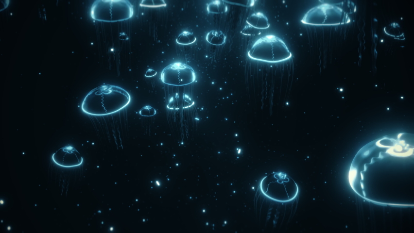 High quality animation of glowing cosmic cyan blue Jellyfish sea jelly peacefully swimming in deep dark ocean aquarium. Can be used as background or as stand-alone video. Seamless loop 4k
 | Shutterstock HD Video #1079444081