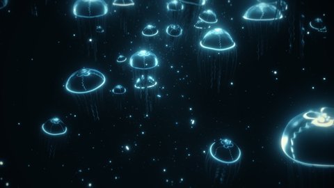 High quality animation of glowing cosmic cyan blue Jellyfish sea jelly peacefully swimming in deep dark ocean aquarium. Can be used as background or as stand-alone video. Seamless loop 4k
