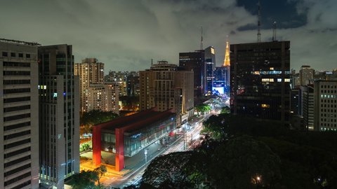 Night time lapse view of traffic on Paulista Avenue in Sao Paulo, Brazil. Sao Paulo is the business and financial centre of Brazil and one of the largest cities in the world.