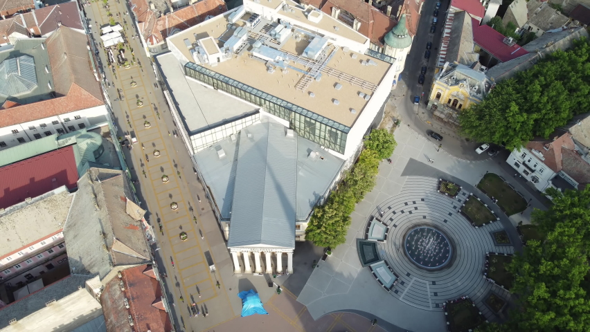 Aerial view of Liberty square (Trg Slobode), a pedestrian zone located in city center of Subotica, Serbia