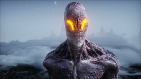 Alien on alien planet. Mars surface. UFO concept. Realistic 4k animation.