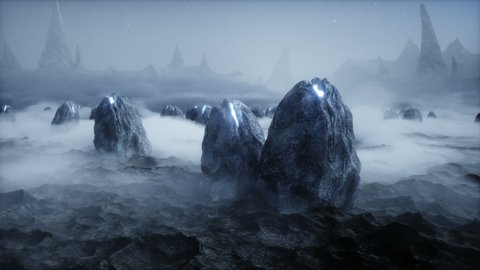 Aliens eggs on alien planet. Mars surface. UFO concept. Realistic 4k animation.