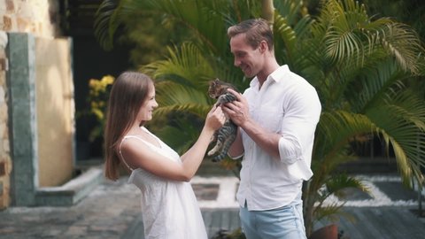 Big sporty Caucasian man hand kitten to his beautiful woman in slow motion. Nice young couple holds small cute kitten in hands and loves it. Animal lover concept. High quality FullHD footage