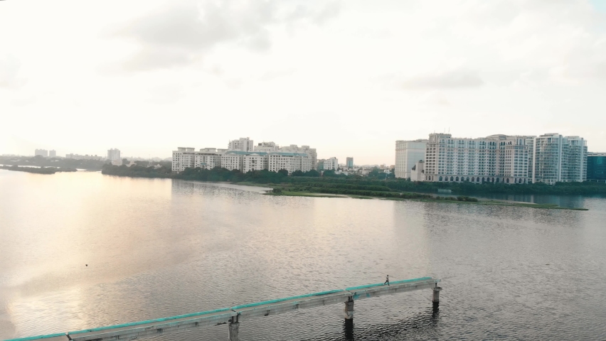 Aerial Over Broken Bridge in Adyar Over The Adyar estuary. Follow Snot