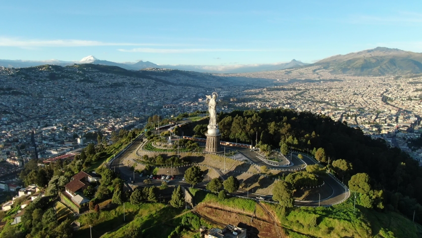 The Virgin of El Panecillo, famous landmark in Quito Ecuador, aerial view Royalty-Free Stock Footage #1079450396