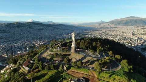 The Virgin of El Panecillo, famous landmark in Quito Ecuador, aerial view