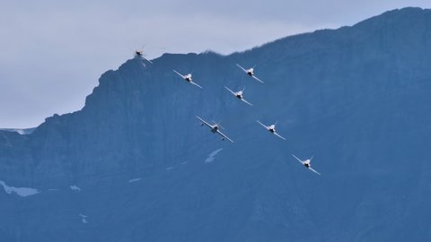 Mollis Switzerland AUGUST, 16, 2019 Narrow formation of cold war era military combat jet aircrafts in flight. Hawker Hunterin Tiger color scheme and Northrop F-5 of Swiss Air Force 