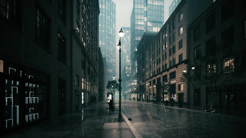 Empty city streets in the rain. Heavy rain in the city. 3d visualization