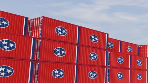 Tennessee flag containers are located at the container terminal. Concept for Tennessee import and export of closed-loop 3D animation