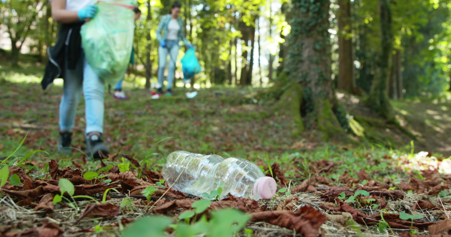 People cleaning up the forest and collecting trash, a girl is picking up a plastic bottle | Shutterstock HD Video #1079461220