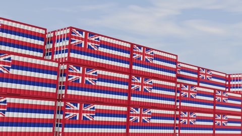 Hawaii flag containers are located at the container terminal. Concept for Hawaii import and export of closed-loop 3D animation