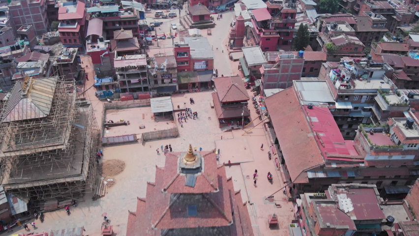 Aerial fly above Nyatapola Temple pagoda on Taumadhi Square, Bhaktapur, Nepal 