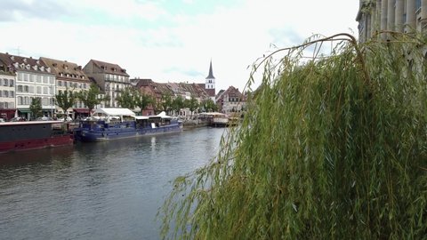 Beautiful Waterfront of Strasbourg with Boat Resturants at Rhine River