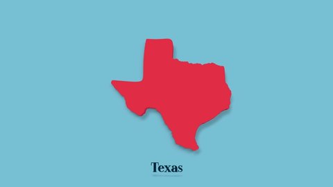 3d animated map showing the state of Texas from the United State of America isolated on blue background. 3d Texas state. USA. Text or labels Texas with silhouette