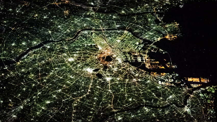 Night lights aerial satellite view animation on city of Tokyo, Japan. Contains image furnished by Nasa