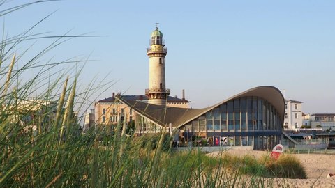 Rostock, Germany - July 12, 2021: Lighthouse of Warnemuende.