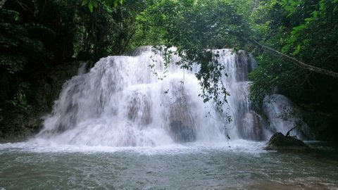 Scenic view of Huay Mae Khamin Waterfall in tropical rainforest at national park, Kanchanaburi, Thailand