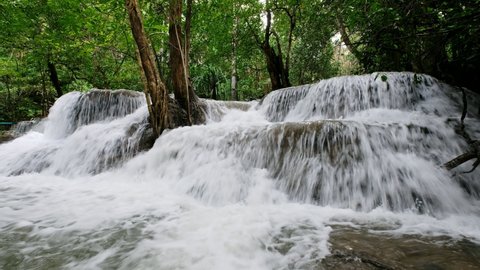 Scenic view of Huay Mae Khamin Waterfall in tropical rainforest at national park, Kanchanaburi, Thailand