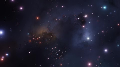 4K looping animation of flying through glowing nebula. Seamless loop galaxy exploration through outer space towards glowing milky way galaxy.  Gas Clouds with noise and stars field. 