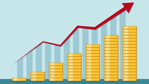 Graphic animation - Stack of Gold Coins growth up animation with growing bar graph. money saving, business and financial concept. Flat design style Illustrations.