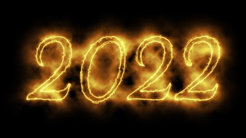 new year 2022 - gold glowing animation of isolated digits, bright neon light with sparkles and smoke - black background - 23,98 fps