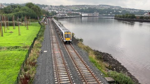Derry, N. Ireland- Sept 2, 2021: NI Translink train comin into Derry Station in Northern Ireland