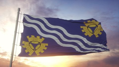 Merseyside flag, England, waving in the wind, sky and sun background