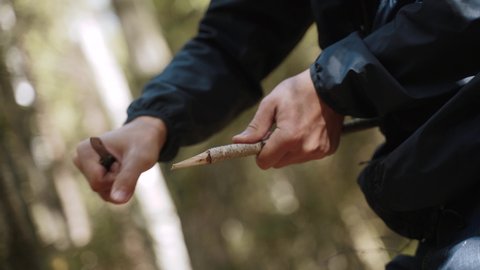 Caucasian man hands sharpens sharp end on wooden birch branch with knife blade, chips are flying, close-up. Human is trying to survive in the forest, preparing for hunt.