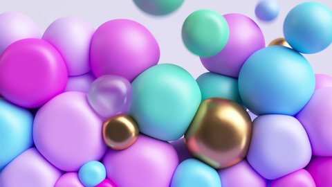 3d animation 4K. Abstract background with colorful balls, silicone rubber balloons falling down and filling the empty space