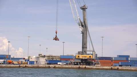 Miami, FL, USA - September 19, 2021:  Liebherr 550 industrial loading crane at Port Miami