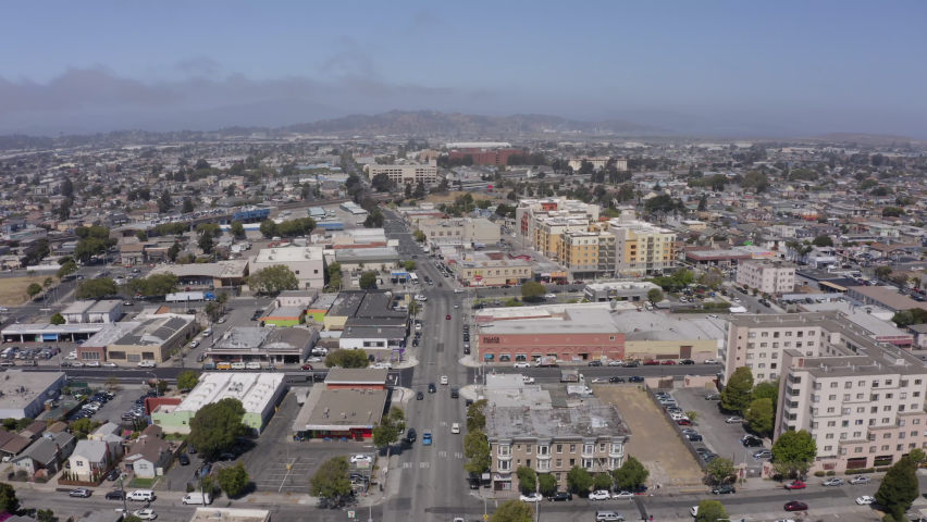 Daytime aerial view of the downtown Bay Area city of Richmond, California, USA.