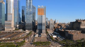 This video shows beautiful aerial views of Westside of Manhattan. The video also shows the Hudson River and the new skyline of the Hudson Yards.  
