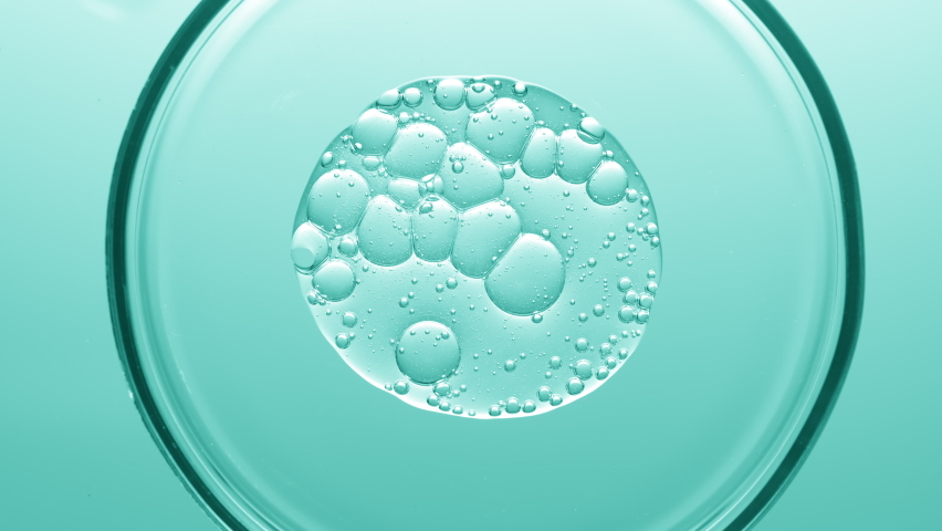 Close up view macro shot of gel with different sized bubbles spread out in petri dish on cyan background | Abstract skin care gel with hyaluronic acid formulating concept Royalty-Free Stock Footage #1079512400