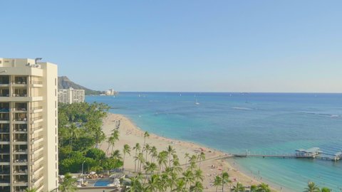 View at beautiful tropical Waikiki beach in Hawaii in slow motion 180fps