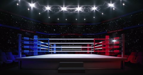 Empty boxing ring ready for fight. Animation of sport arena with fans and shining spotlights. Indoor sport 4k video background.
