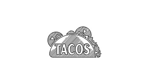 Black line Taco with tortilla icon isolated on white background. Traditional mexican fast food. 4K Video motion graphic animation.