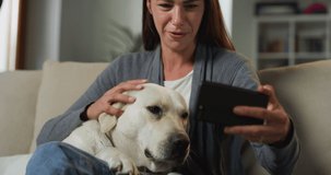 Young Beautiful Woman Sitting on a Sofa, Using Smartphone to Have Video Call While Cuddling Her Dog. Female Talking With Friends and Family, Waving and Greeting Them. Video Conference Call Concept