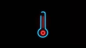 Blue Color Neon Icon. Animation of Meteorology thermometer with increase and decrease. Isolated on the black background. Medical Covid-19 concept. Equipment showing hot or cold weather.