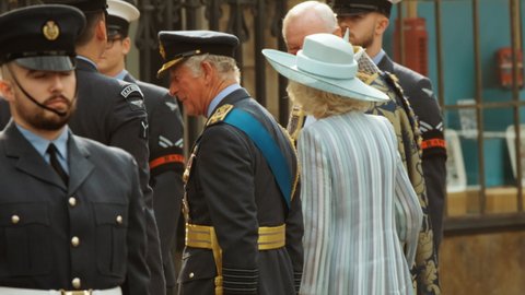LONDON, circa 2021 - Prince Charles and Camilla Duchess of Cornwall arrive at Westminster Abbey, London, England, UK for a Service of Thanksgiving on on Battle of Britain